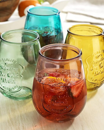 Glaver's Stemless Wine Glasses Set of 4 – 21oz Assorted Colored Wine Tumblers– Unique Embossed Logo, Vintage Cute Wine Glasses for, Beer, Juice, Cocktails, Fresh Drinks, Beverages, and more.