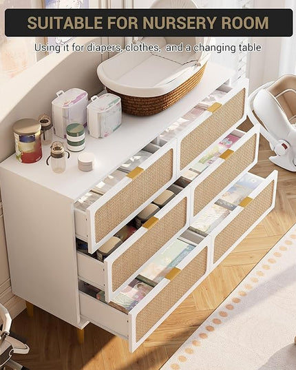 Garvee Rattan Dresser with 6 Drawers, Tall Modern Closet with Deep Storage, Large Chest of Drawers with Wide Top, Long Wooden Dresser for Bedroom, Living Room, Hallway, Kids Room, White