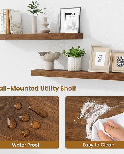 Fun Memories Bathroom Shelves 32 Inch Long Set of 2, Floating Shelves for Wall with Invisible Brackets, for Bedroom, Living Room, Kitchen, Walnut