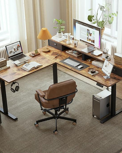Agilestic L Shaped Electric Standing Desk with 2 Drawers, 63 Inch Ergonomic Adjustable Height Desk with Storage, Corner Desk Sit Stand up Computer Table for Work Office Home, Rustic Brown