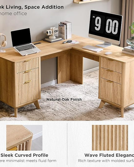 T4TREAM 60'' Fluted Executive L Shaped Desk, Modern Home Office Desk with Charging Station and File Drawer, Computer Corner Desks with Drawers & Storage Cabinet for Office Home, Bedroom, Natural Oak