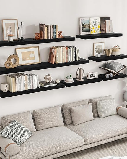 RICHFOCUS 24Inch Floating Shelves for Wall 2 Pack Shelves for Bedroom|Kitchen|Bathroom Wall Mounted Rustic Wood Floating Shelf with Invisible Brackets for Books|Storage|Decor, Black