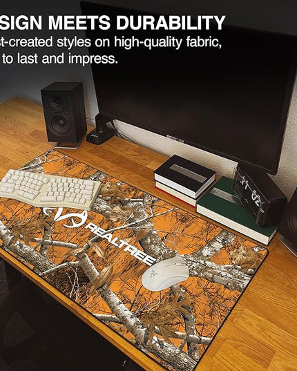 MPCO. Real Tree Large Gaming Desk Pad - 36" x 17" Aeroglyde Fabric Edge Orange – with Logo Desk Mats - Non-Slip, Washable, Smooth Glide for Precision Gaming & Work