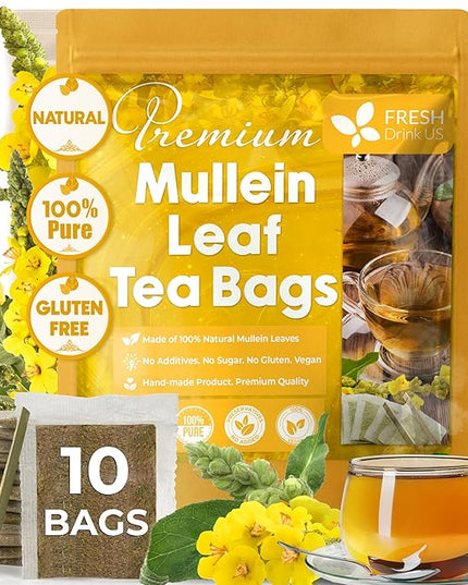 FreshDrinkUS, Premium 10 Mullein Leaf Tea Bags For Lungs, 100% Natural & Pure from Mullein Leaves. Loose Leaf Mullein Herbal Tea. Made with Natural Material Tea Bags. No Sugar, No Caffeine, No Gluten, Vegan.