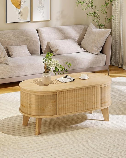 LYNCOHOME Fluted Lift Top Coffee Table with Storage,Modern Oval Coffee Table for Living Room Or Home Office（Natural）