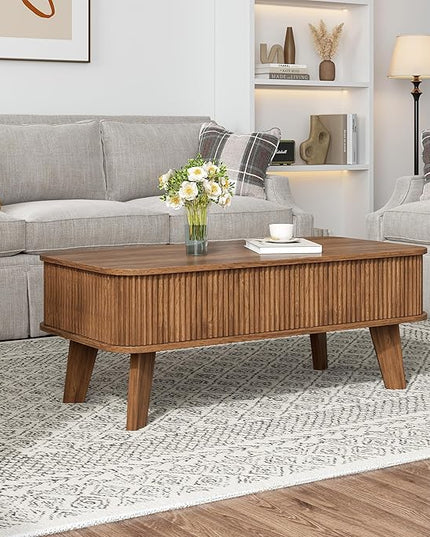 LCVTND Fluted Lift Top Coffee Table with Storage, Modern Wood Coffee Table Retro Center Table with Hidden Lifting Table Top Compartment for Living Room, Home, Office, Walnut