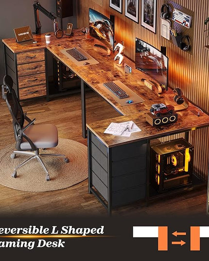 PRAISUN 43.3" Small Computer Desk with Power Outlets and USB-C Port, Reversible L Shaped Corner Office Desk with 4 Fabric Drawers and 2 Height-Adjustable Shelves, for Gaming Writing, Rustic Brown