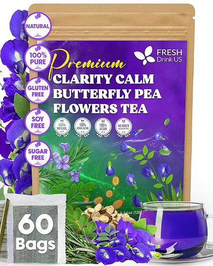 FreshDrinkUS, Clarity Calm Butterfly Pea Flower Tea – 60 Tea Bags Herbal Blend of Butterfly Pea Flower, Rosemary, Moringa, Lemongrass & Licorice Root – Caffeine-Free. Sugar-Free. Gluten-Free. Vegan