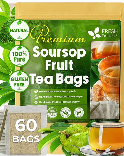 FreshDrinkUS, 60 Premium Soursop Graviola Fruit Tea Bags, 100% Natural and Pure from Soursop Fruits, Made With Natural Materials-Corn Fiber Tea Bag, Sugar/Caffeine/Gluten Free, Hoja Guanabana Tea