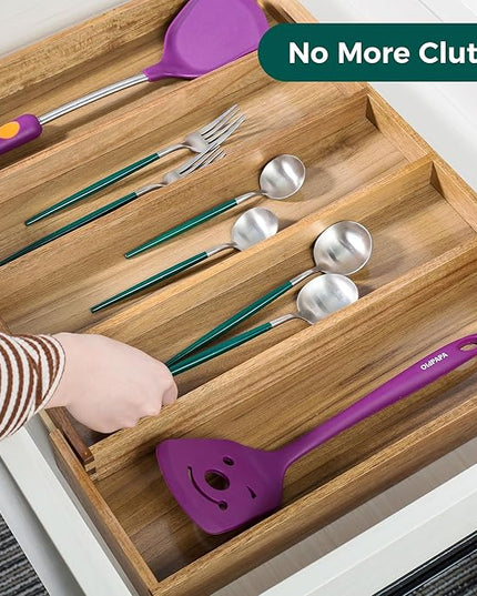 Utoplike Acacia Kitchen Drawer Organizer Expandable, Large Utensils and Cutlery Tray, Adjustable Silverware Divider for Knives Flatware