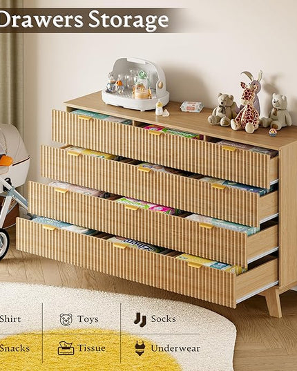 BORNOON 57" Wide Dresser for Bedroom, 12-Drawer Fluted Dresser with Metal Handles, Wood Chest of Drawers with Smooth Slides and Stable Base, Modern Storage Cabinet for Living Room, Nursery