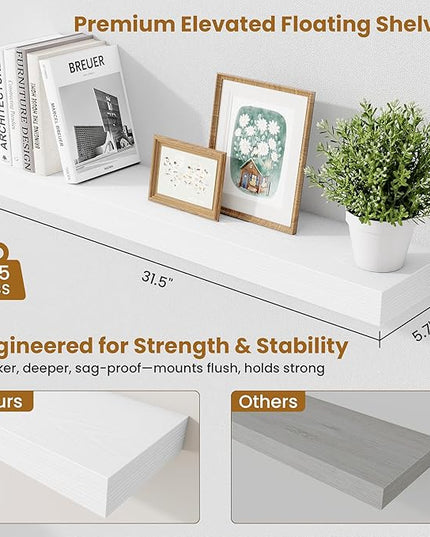 Fun Memories Bathroom Shelves 32 Inch Long Set of 2, Floating Shelves for Wall with Invisible Brackets, for Bedroom, Living Room, Kitchen, White