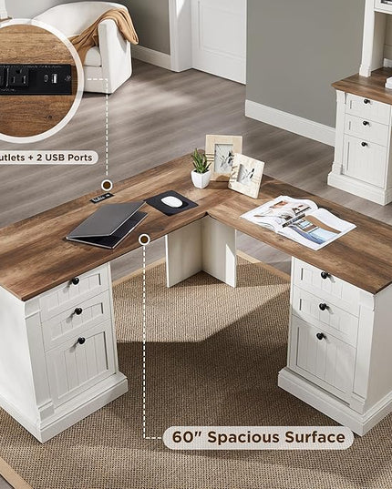 OKD 60" L Shaped Executive Desk with Drawers, Farmhouse Home Office Desk with Charging Station, File Cabinet Storage, Wood Corner Computer Desk for Work and Study, Antique White