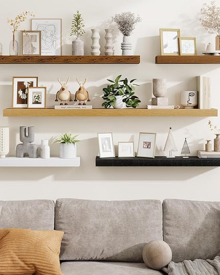 Fun Memories Floating Shelves Set of 2, 24 Inch Floating Shelves for Wall, Wood Wall Shelves with Invisible Brackets, for Bathroom, Bedroom, Living Room, Kitchen, Black
