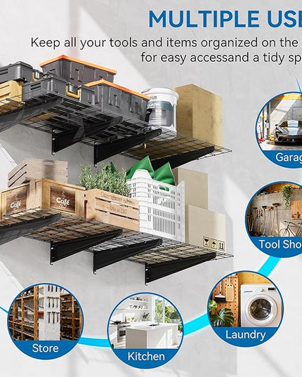 2-Pack 2x4ft Garage Wall Shelving, 24"x48" Shelf Storage Rack Floating Shelves Wall Mounted, Heavy Duty Storage Shelves, 800lbs Load Capacity, with 8 Hooks for Garage Organization, Black