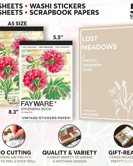 FAYWARE Vintage Washi Stickers for Journaling - Ephemera Book for Journaling with 414 Stickers & 20 Scrapbook Papers. Junk Journal Supplies, Scrapbooking Supplies