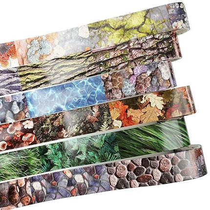 AuriicLeaf Nature-Inspired Washi Tape Set – 6 Decorative Rolls Featuring Realistic Plant, Pebble, Bark, Moss, and Water Designs for Journaling and Scrapbooking