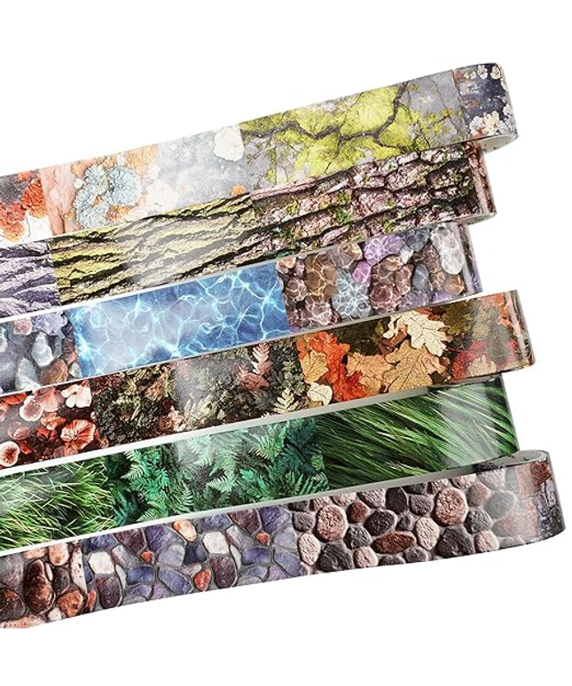 AuriicLeaf Nature-Inspired Washi Tape Set – 6 Decorative Rolls Featuring Realistic Plant, Pebble, Bark, Moss, and Water Designs for Journaling and Scrapbooking