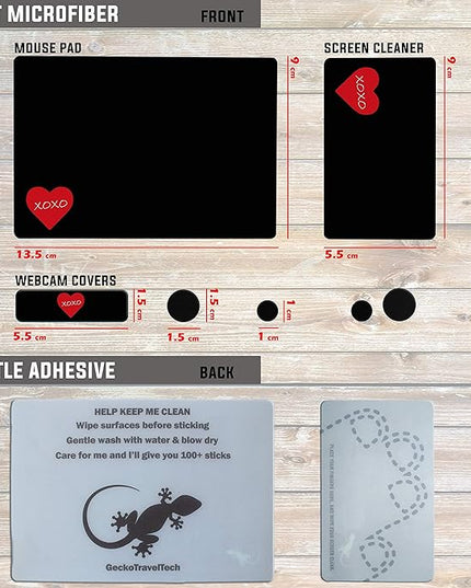 Mouse Pad Adhesive Bottom - Sticks to Any Surface - Portable - Webcam Covers and Screen Cleaner Included (Heart XOXO)
