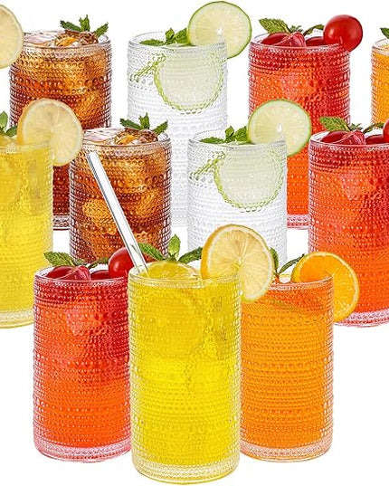 Vintage Hobnail Drinking Glasses Set of 12, 16 oz Large Capacity Embossed Clear Tumblers, Highball Glasses for Water, Cocktail, Beer, Whiskey, Kitchen & Bar Use