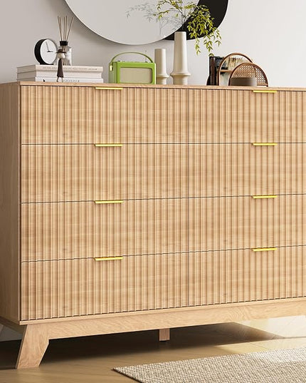 HUANLEGO Fluted Dresser for Bedroom, 8 Drawer Dressers & Chest of Drawers, Mid Century Modern Dresser for Closet Boho Bedroom Furniture, Nature Wood Chest of Drawers Storage Organizer for Living Room