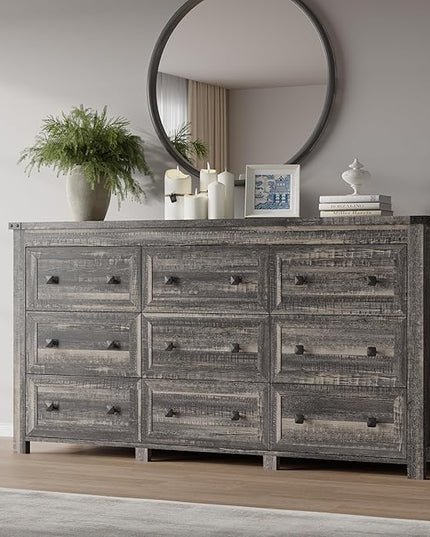BORNOON 9-Drawer Dresser, Modern Wooden Storage Chest of Drawers, Dresser TV Stand, Wood Drawer Organizer with Metal Handles for Bedroom, Living Room, Hallway