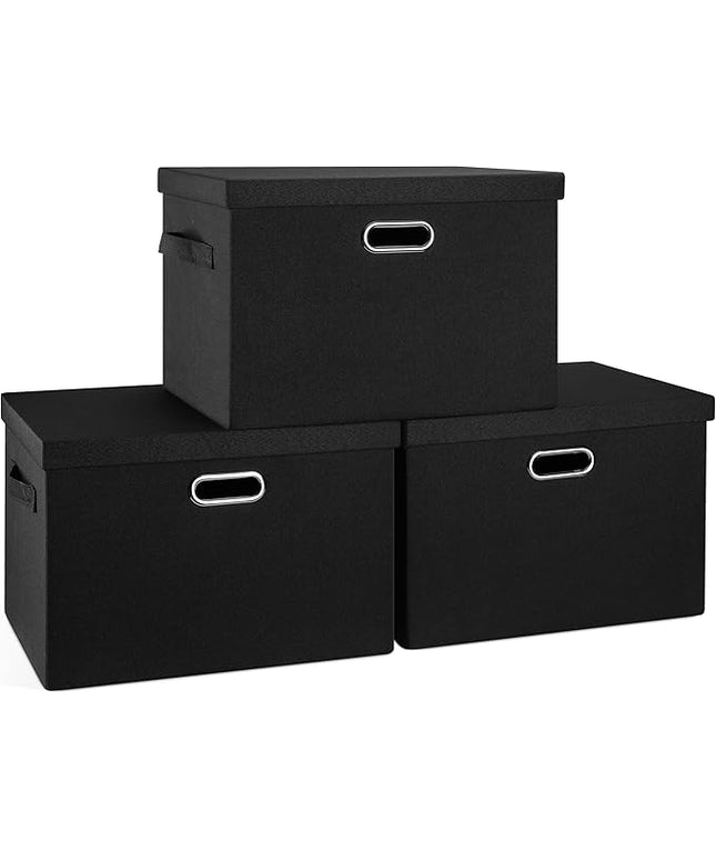 Large 17" 36 Quart Collapsible Stackable Storage Bins with Lids, 3 Packs Black Linen Fabric Closet Boxes with Lids, Storage Cube Baskets Container Organizers for Bedroom Office(17 x12 x11)