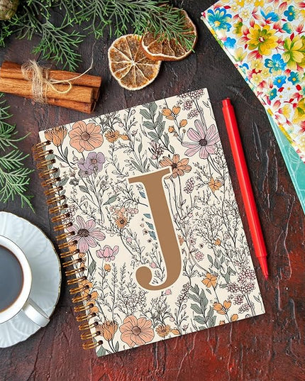 JXREQ Vintage Boho Floral Personalized Notebook, Initial Letter J Notebook Journal, Monogram Notebook, Monogrammed Gifts for Women, Boho Office Supplies, Flower Spiral Notebook 5.5x8.3