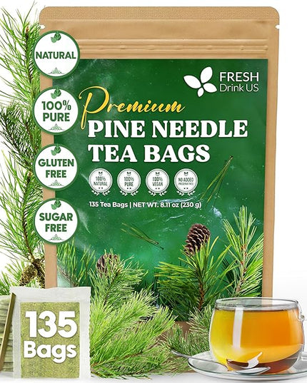 FreshDrinkUS, Pine Needle Tea Bags – 135 Tea Bags, Naturally Caffeine-Free, Refreshing Herbal Tea, Wild-Harvested Pine Leaves, Aromatic and Soothing – Non-GMO & Eco-Friendly Packaging