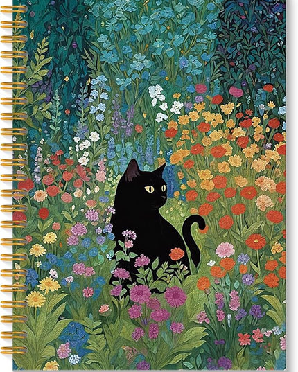 Wildflower Black Cat Spiral Notebook, Black Cat Gifts Journal, Cats Lovers Mom Lady Gifts Journal Notebook, 5.5x8.3 Inch