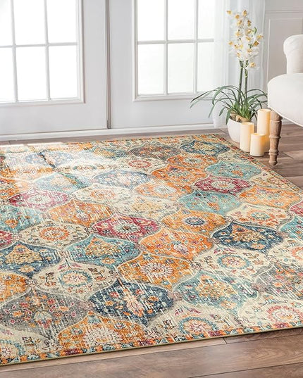 Lahome Moroccan 6x9 Rugs for Living Room, Soft Washable 6x9 Area Rug for Bedroom, Ultra-Thin Oriental Trellis Distressed Non Shedding Throw Large Carpet for Dining Room Office, Cream/Multi
