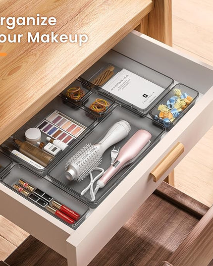 A-LuGei 【Military Grade】 Drawer Organizer, 【𝟱𝗦𝗶𝘇𝗲】 Clear Makeup organizer, 【Holds 177 Items】 Bathroom Organizers and Storage, Plastic Desk Organizer Divider, Organizer Bins for Office Vanity