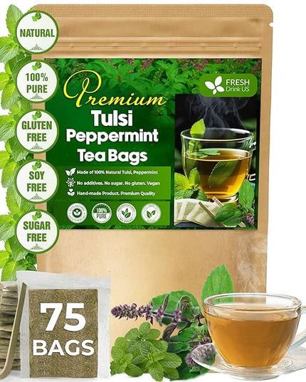 FreshDrinkUS, Premium Tulsi Peppermint Herbal Tea – 75 Tea Bags, 100% Natural, Blend of Tulsi Holy Basil Leaves, and Peppermint Leaves. Made with Natural Material Tea Bags. No Sugar, Vegan.