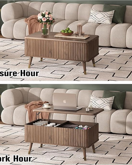 JOINICE Lift Top Coffee Table with Storage, Mid Century Modern Fluted Wood Design,Pop-Up Walnut Center Table with Hidden Compartment for Living Room & Home Office Work/Dining