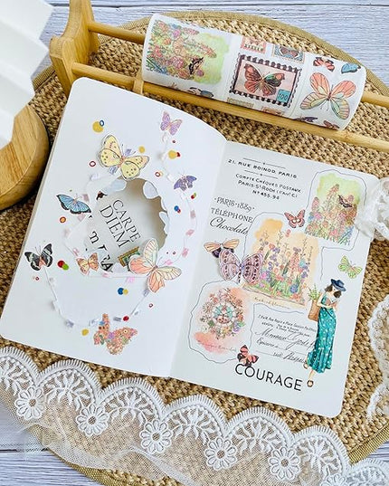 WT Stamped Wings Washi Tape Sticker Set – 3 Rolls Decorative Butterfly & Wing Washi Sticker Tape, Vintage Adhesive Tape for Journaling, Scrapbooking, Planner, DIY Crafts & Wrapping (40mm, 50mm, 60mm)