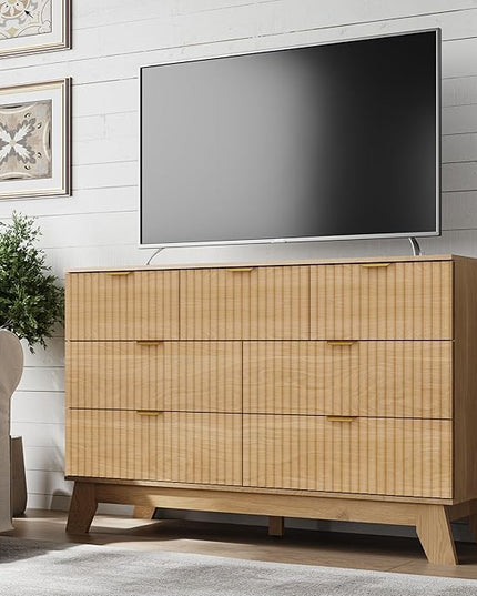 BORNOON Fluted 7 Drawer Dresser, 47.2" Wide Modern Boho Chest of Drawers, Wooden Storage Dresser TV Stand for Bedroom, Living Room, Closet, Hallway, Curved Profile Design