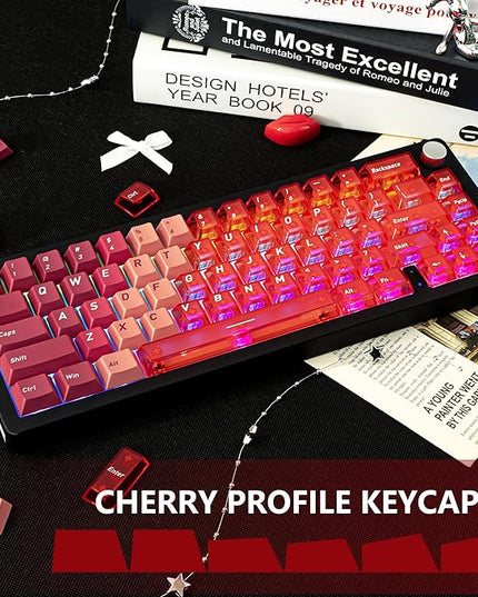 PBT/PC Material Keycaps 160 Keys, Gradient Red Clear keycaps, Cherry Profile Key caps Red Crystal keycap Set, Custom Key caps Compatible with 60%/65%/75% Mechanical Keyboards