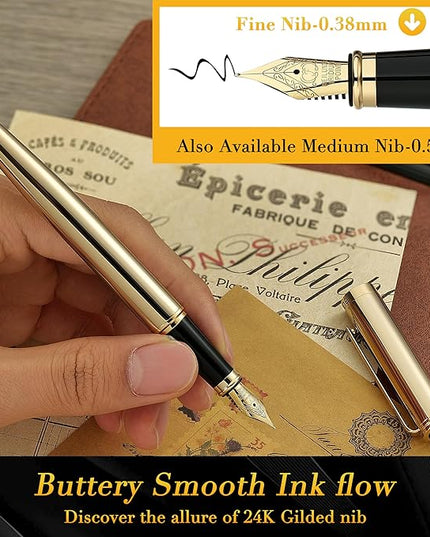BEILUNER Gold Personalized Fountain Pen,Stunning Luxury Surface,24K Gilded Nib(Fine),Gorgeous 24K Gold Finish, Ink Converter,Fancy Gift for Men&Women-Elegant, Graduation,Office Pens for Writing