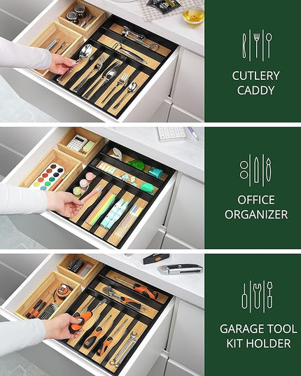 ROYAL CRAFT WOOD Luxury Bamboo Kitchen Drawer Organizer - Silverware Organizer - Utensil Holder and Cutlery Tray with Grooved Drawer Dividers for Flatware and Kitchen Utensils (7 Slot)