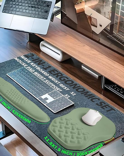 2-in-1 Ergonomic Set, Wave Keyboard Wrist Rest and Massage Slope Mouse Pad Wrist Support, Rebound Memory Foam for Relieve Carpal Tunnel Syndrome and Wrist Pain (Olive Green)