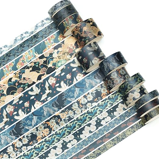 Songdao 12 Rolls Kyoto Charm Washi Tape Set Japanese Arts Adhesive Tapes Geometric Garden Decorative Masking Tape Sets for Craft, Kids, Scrapbook, DIY, Gift Wrapping (Azure Tranquility)