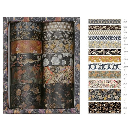 Songdao 12 Rolls Kyoto Charm Washi Tape Set Japanese Arts Adhesive Tapes Geometric Garden Decorative Masking Tape Sets for Craft, Kids, Scrapbook, DIY, Gift Wrapping (Black Elegance)