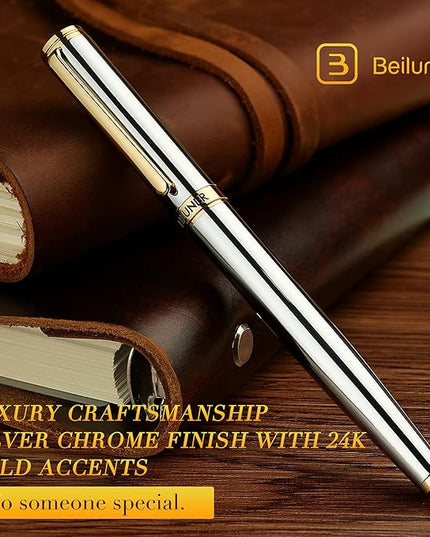BEILUNER Silver Chrome Fountain Pen,Stunning Luxury with 24K Gold Accents, Gorgeous 24K Gilded Nib(Medium), Fancy Pen Gift for Men&Women -Ink Converter-Elegant, Office,Nice Pen for Writing