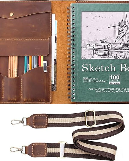 Robrasim Handmade Leather Sketchbook Cover, Artist Sketch Pad Holder for 9"X12" Sketchbook, Drawing Book and Pencil Case, Journal Notebook Portfolio with Shoulder Strap, Artist Gifts, Brown