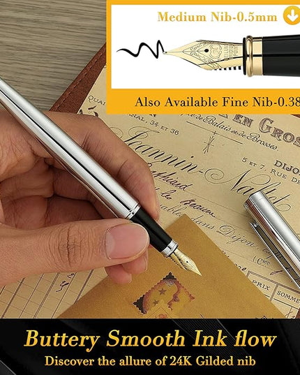 BEILUNER Silver Fountain Pen,Stunning Luxury Pens with Bright Silver Chrome, Gorgeous 24K Gilded Nib(Medium), Fancy Pen Gift for Men&Women -Ink Converter-Elegant, Office,Nice Pen for Writing