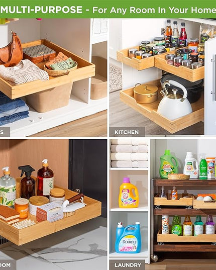 HOLDN’ STORAGE Bamboo Wooden Pull out Cabinet Organizer. 22" W x 21" D - Requires At Least a 23.25" W x 21" D. Cabinet Opening. W/Lifetime Limited Warranty. Bamboo Tray and Heavy gauge metal rails