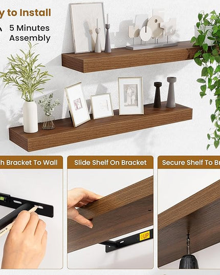 Fun Memories Floating Shelves 30 Inch, Wall Mounted Wood Shelf Set of 2, Farmhouse Decor for Bathroom, Bedroom, Kitchen, Living Room, Walnut