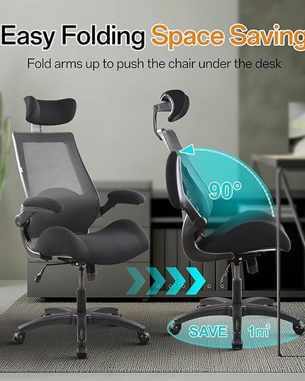 BOLISS Big and Tall Office Chair with Adjustable Headrest High Back Desk Chair Wide Seat Flip-up Arm 400pound Weight Capacity 8+Hours Use Breatheable Back(Black)