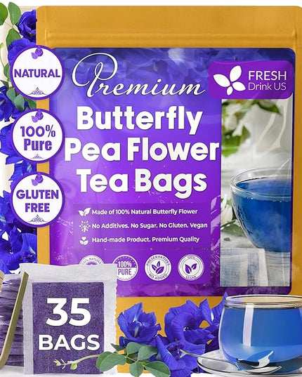 FreshDrinkUS, Premium 35 Butterfly Pea Tea Bags, 100% Natural and Pure from Butterfly Pea Flowers, Hand-made, Made With Natural Materials-Corn Fiber Tea Bag, Sugar/Caffeine/Gluten Free, Vegan