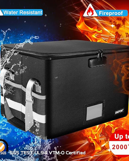 ENGPOW File Box with Lock,Fireproof Document Box with Zipper＆Pockets,Collapsible File Organizer Filing Storage Cabinet with Handle,Portable Home Office Safe for Hanging Letter/Legal Folder,Black